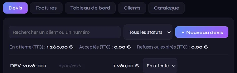 La page Devis et factures de Milac avec un devis en attente