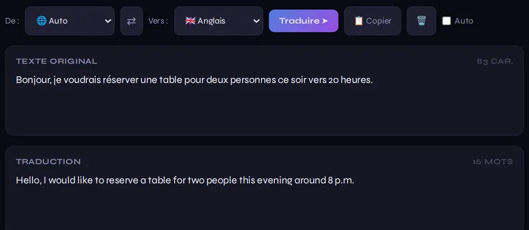 La page Traduction de Milac : une phrase en français traduite en anglais